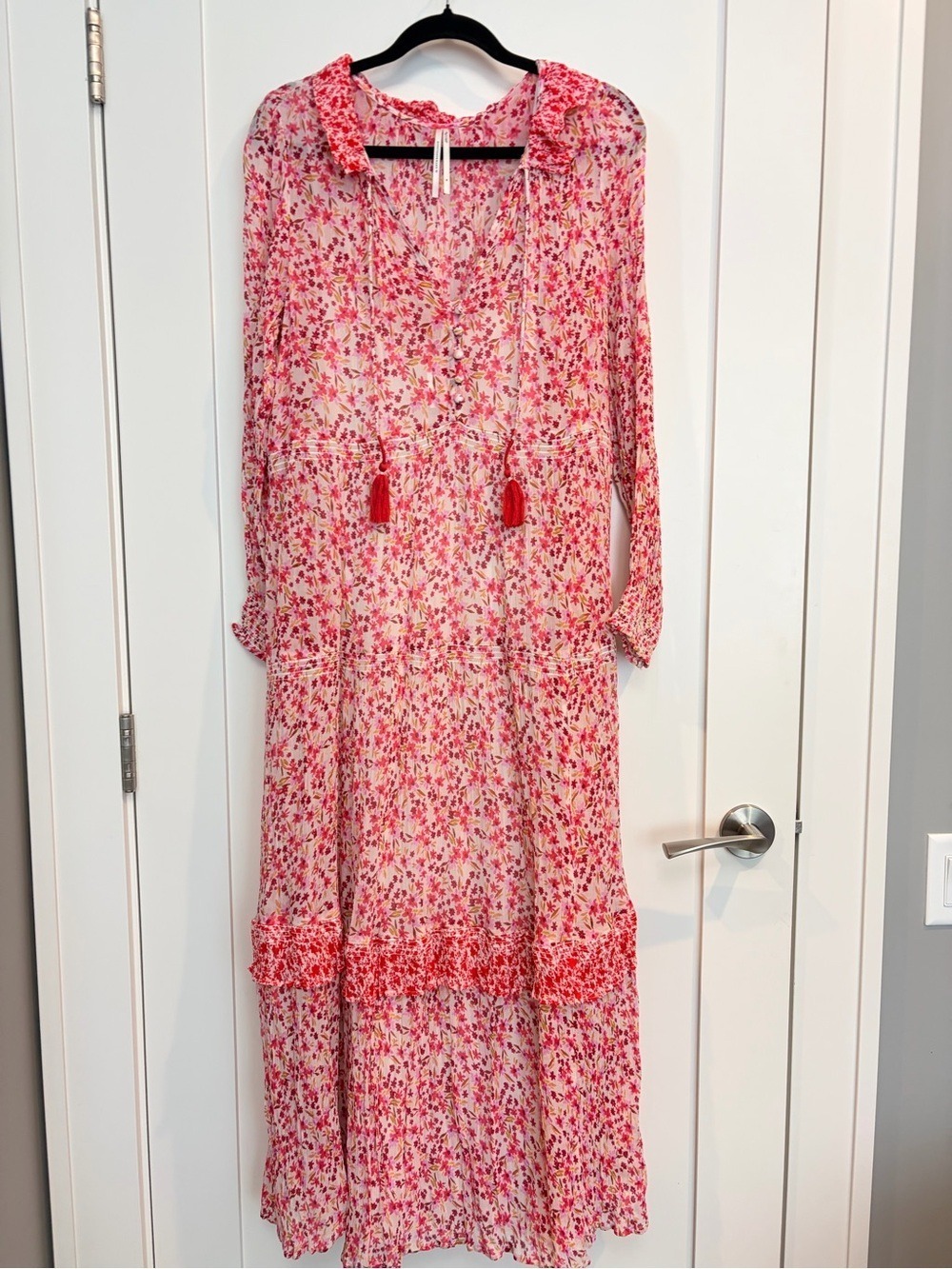 Anthropologie Floral Tiered Maxi Dress Pink Boho Cottagecore Tassel Tie Medium - Picture 12 of 13